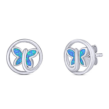 Butterfly Stud Earring Created Blue Opal Solid 925 Sterling Silver (8.8mm)